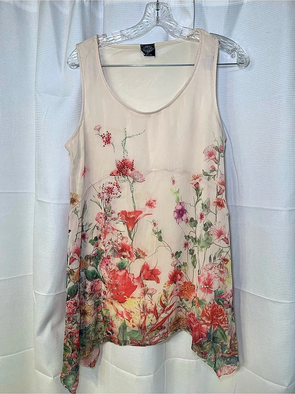 Christopher & Banks Floral Beaded Tank Top in Pink & Beige Like New